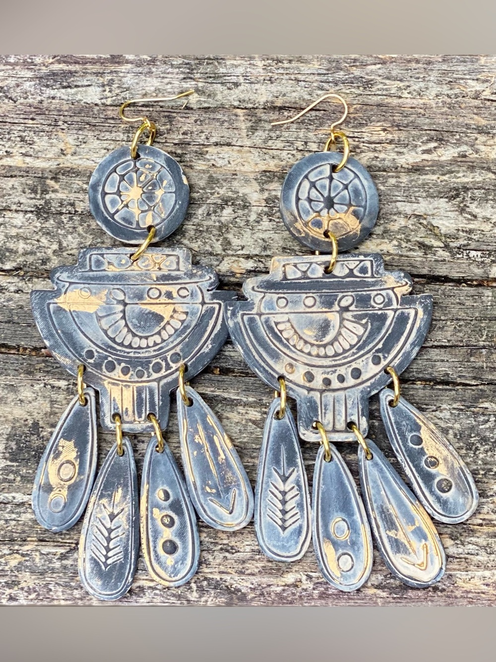 Handcrafted Etched Dangle Earrings in Antiqued Silver/Black and Gold